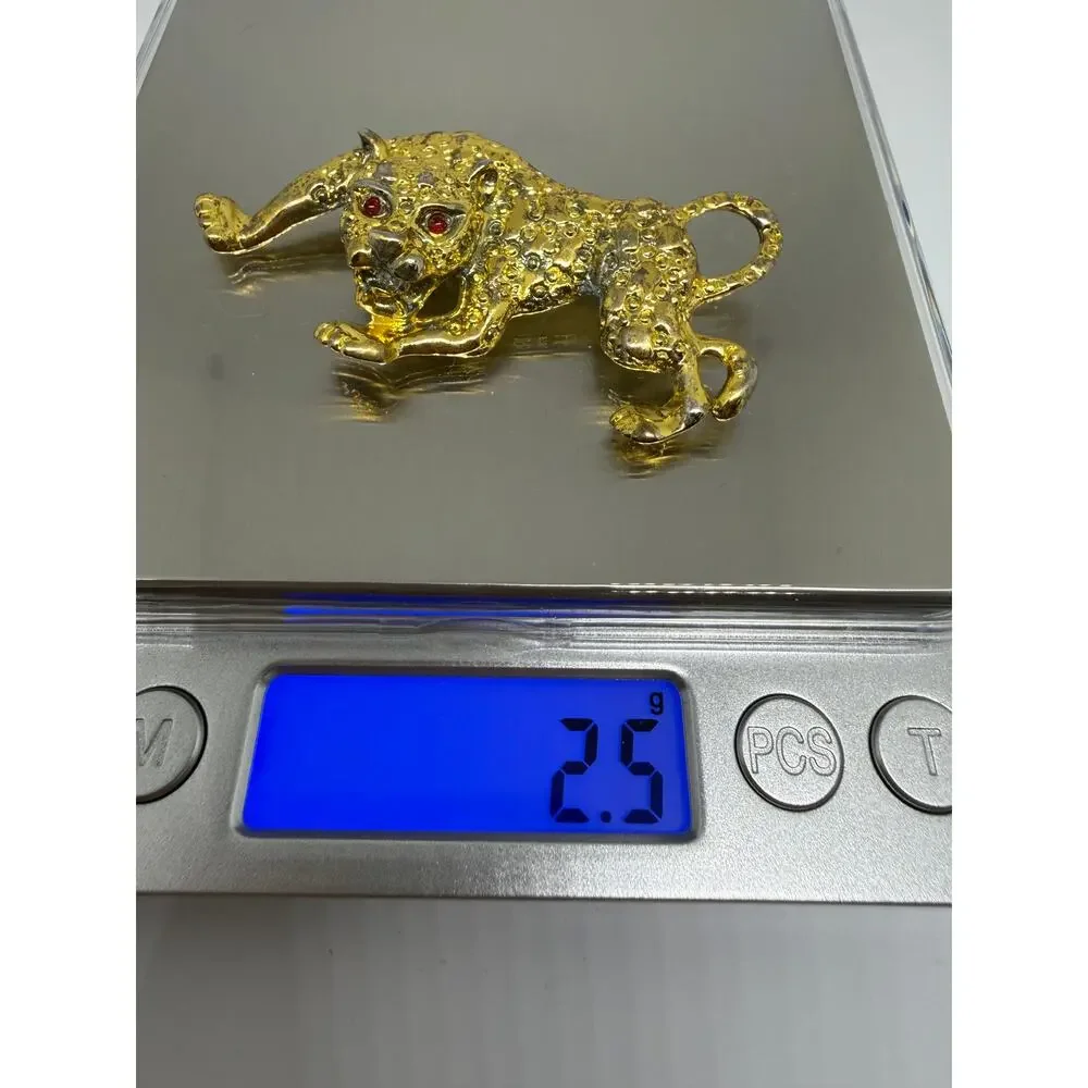 Tiger Leopard Brooch Gold Tone Red Eyes Figural Big Cat Safari Statement Jewelry